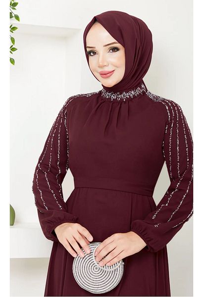 InStyle Burgundy Chiffon Evening Dress with Stones and Sequins on the Sleeves