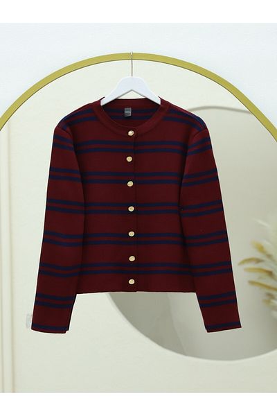 Modamorfo Shiny Buttoned Striped Knitwear Cardigan - Burgundy