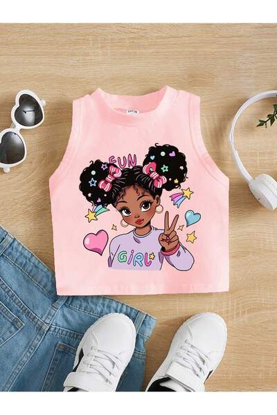 PENTHİLUS Little Girls Summer Cartoon Printed Stand Collar Sleeveless Blouse, Short Sleeve Top