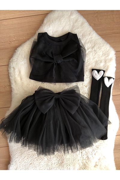 Kokosh kidss Girl's Black Tutu Skirt Tulle Crop and Socks Set