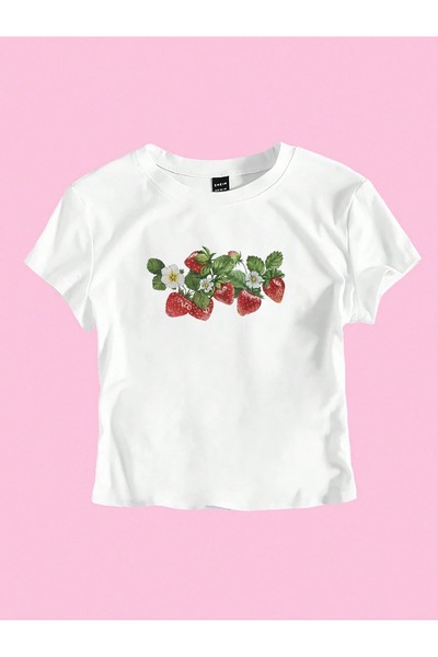 OVER HEAD Kadın Y2K Çilek Baskılı Bayb Tee Crop