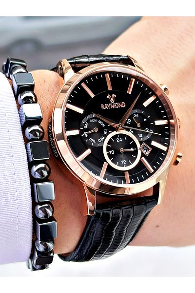 Raymond Black Functions Active Steel Case Men's Wrist Watch + Bracelet