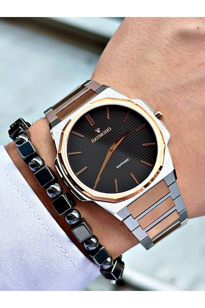 Raymond Silver Color Slim Case Classic Case Band Steel Men Wristwatch + Bracelet