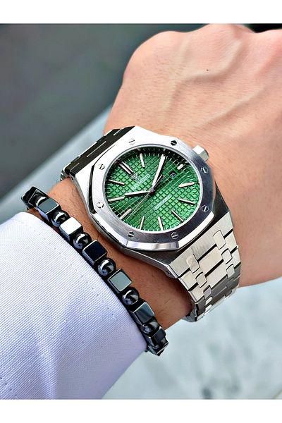 Raymond Silver Color Skeleton Automatic Business Men's Wrist Watch + Bracelet