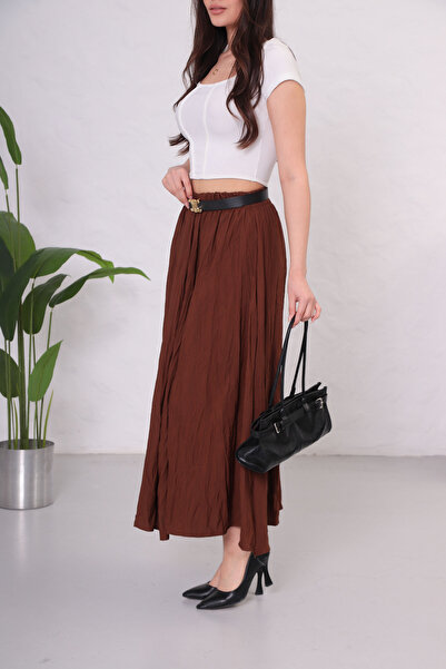 Muzzem Дамска тъмнокафява плисирана макси пола от плат, стандартен размер