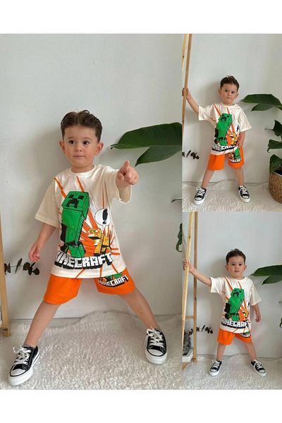 DerinHome Mine Craf t Printed Children's Bottom Top Shorts Suit New Season
