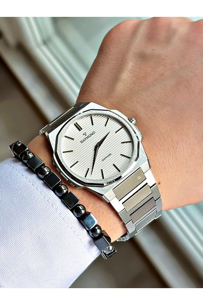 Raymond Silver Color Slim Case Classic Case Band Steel Men Wristwatch + Bracelet