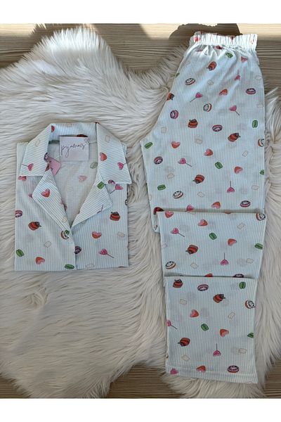 Pijamacs طقم بيجامة بياقة قميص وأكمام قصيرة من القطن بنمط قيلولة