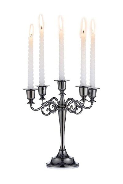 Chavin 5 Gözlü Şık Restoran Düğün Şamdan Dekoratif Parlak Antrasit Metal Mumluk mt156sy