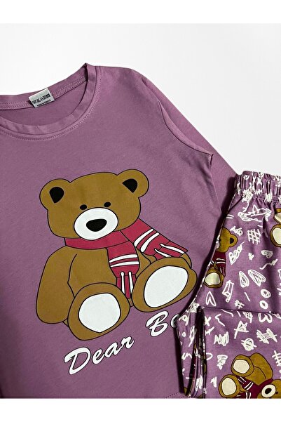 Fil Kids Kız Çocuk %100 Pamuklu Mor Renk Ayıcık Desenli Uzun Kollu İnce Mevsimlik Pijama Takımı