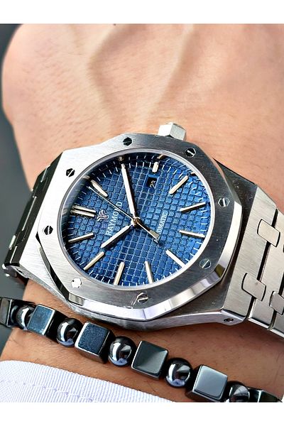 Raymond Silver Color Skeleton Automatic Business Men's Wrist Watch + Bracelet