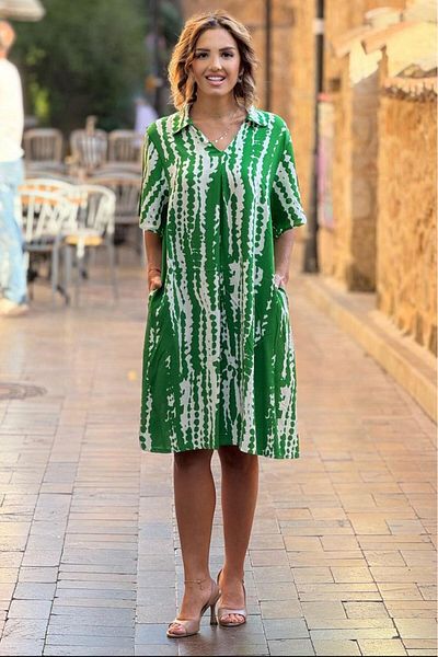Nevin Kaya Moda Πουκάμισο με μοτίβο Green Lightning Πέτο 100% βαμβακερό φόρεμα βισκόζης