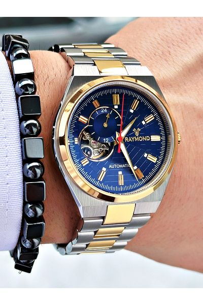 Raymond Gold Silver Color Sk Mechanism Steel Business Men's Wrist Watch + Bracelet