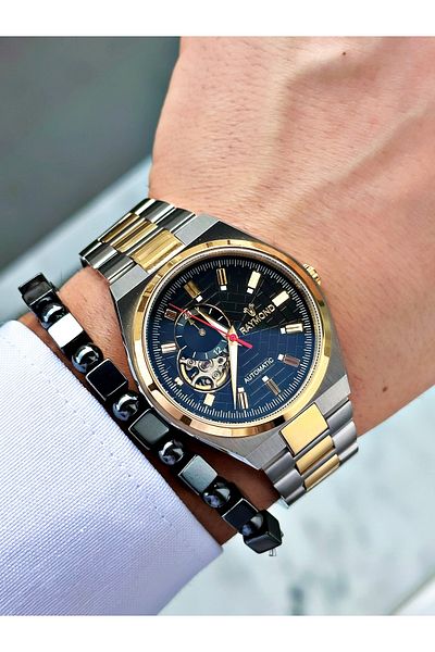 Raymond Gold Silver Color Sk Mechanism Steel Business Men's Wrist Watch + Bracelet