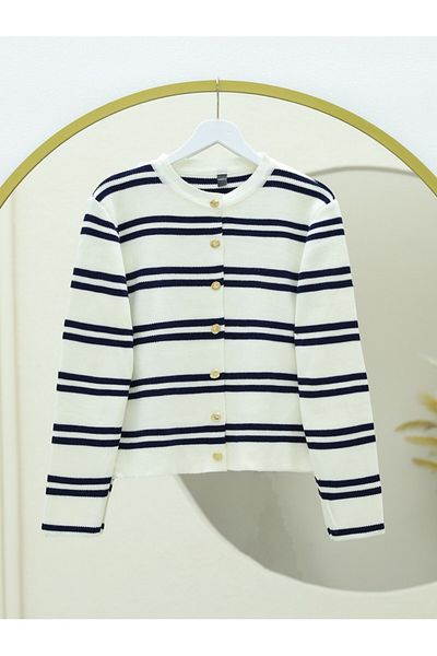 Modamorfo Shiny Buttoned Striped Knitwear Cardigan -White