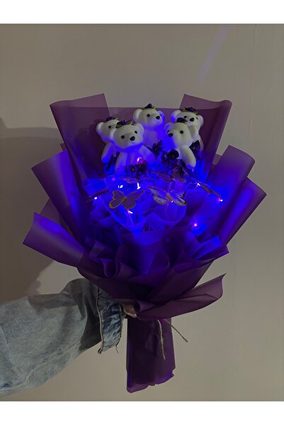 Store Led Işıklı Kelebekli Mor Ayıcık Buketi Anneler Günü Sevgililer Günü Doğ...