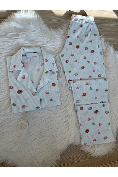Pijamacs طقم بيجامة بياقة قميص وأكمام قصيرة من القطن بنمط قيلولة