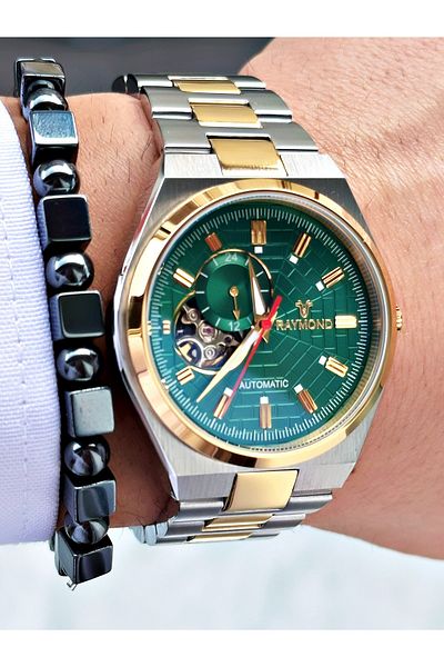 Raymond Gold Silver Color Sk Mechanism Steel Business Men's Wrist Watch + Bracelet