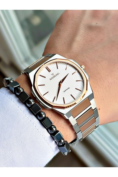 Raymond Silver Color Slim Case Classic Case Band Steel Men Wristwatch + Bracelet
