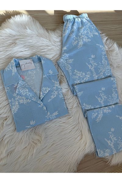 Pijamacs Set de pijamale cu guler de cămașă cu mânecă scurtă din bumbac cu modele florale albastru peste ecru