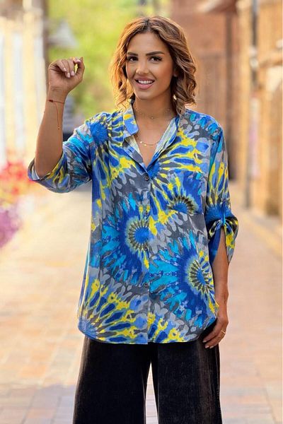Nevin Kaya Moda Cămașă italiană cu model floarea soarelui albastru