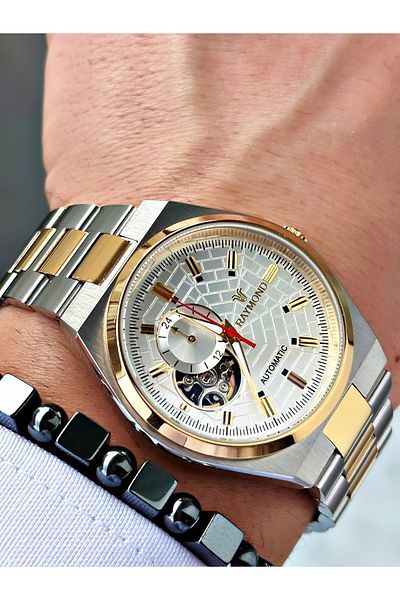 Raymond Gold Silver Color Sk Mechanism Steel Business Men's Wrist Watch + Bracelet