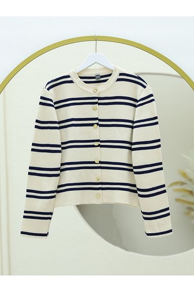 Modamorfo Shiny Buttoned Striped Knitwear Cardigan, Cream Candy