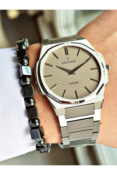 Raymond Silver Color Slim Case Classic Case Cord Steel Men's Wristwatch + Bi̇Lekli̇K