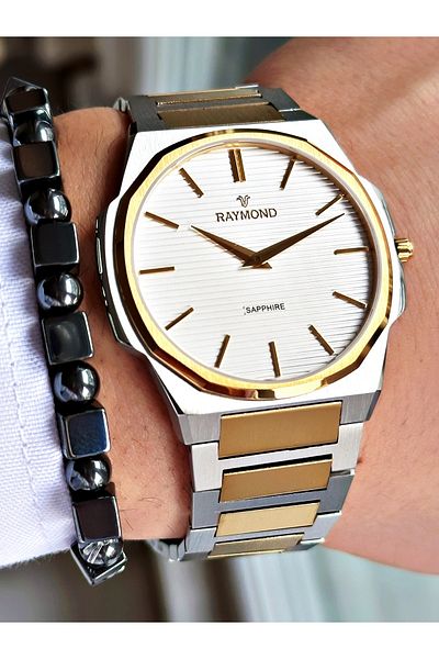 Raymond Silver Color Slim Case Classic Case Band Steel Men Wristwatch + Bracelet