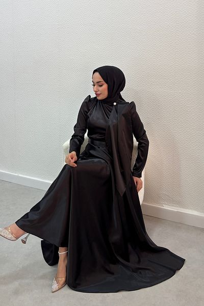 Tarzım Tuba Drop Model Satin Graduation Evening Dress with Pearl Detail on the Collar