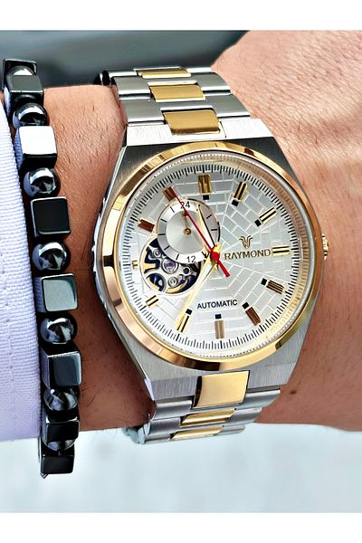 Raymond Gold Silver Color Sk Mechanism Steel Business Men's Wrist Watch + Bracelet
