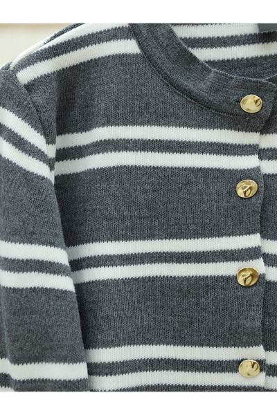 Modamorfo Shiny Buttoned Striped Knitwear Cardigan - Smoked