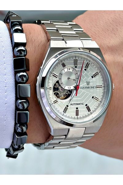 Raymond Silver Color Sk Mechanism Steel Business Men's Wrist Watch + Bracelet