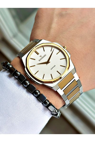 Raymond Silver Color Slim Case Classic Case Band Steel Men Wristwatch + Bracelet