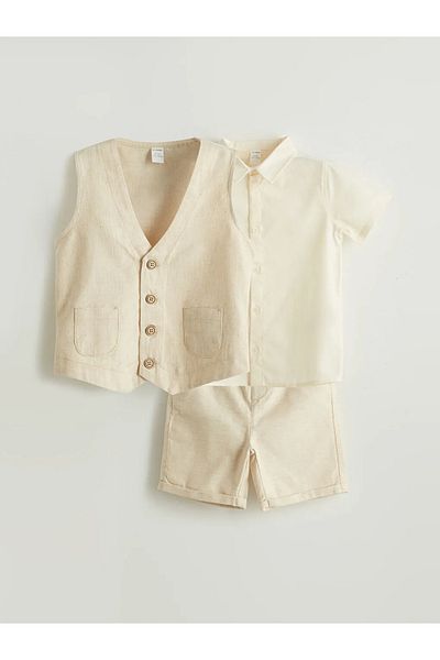 LC Waikiki Lcw kids ecru boy's shirt shorts and vest 3-piece set