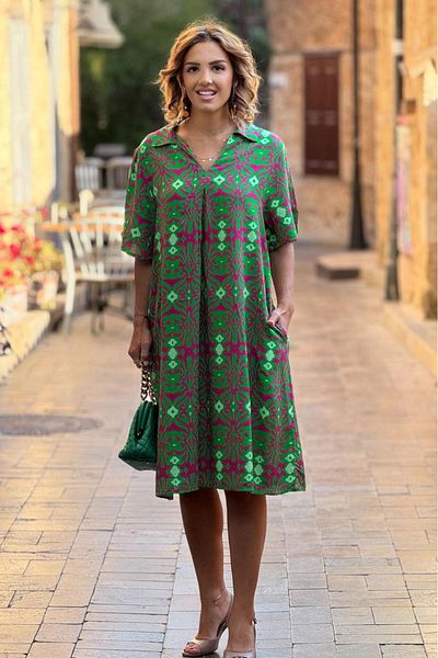 Nevin Kaya Moda Rochie din viscoză din bumbac 100% cu guler de cămașă cu model fulgi de nea verde Fuiya