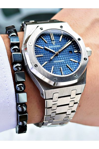 Raymond Silver Color Skeleton Automatic Business Men's Wrist Watch + Bracelet