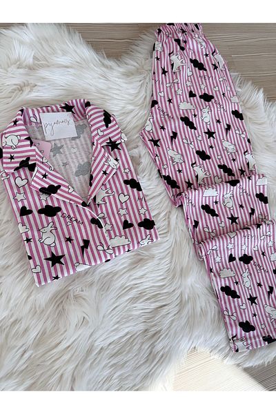 Pijamacs Pink Rabbit Patterned Cotton Short Sleeve Shirt Collar Pajama Set