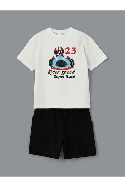 LC Waikiki Lcw eco white Printed boys' t-shirt and shorts set of 2