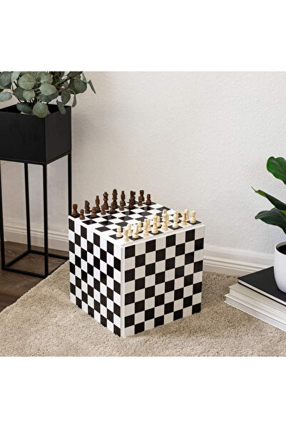 Q'collection Satranç / Dama Desenli Modern Küp Sehpa 45x45 cm - Siyah Beyaz