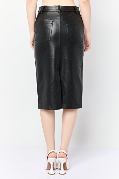 Esprit Women Plain Leather Midi Skirt, Black