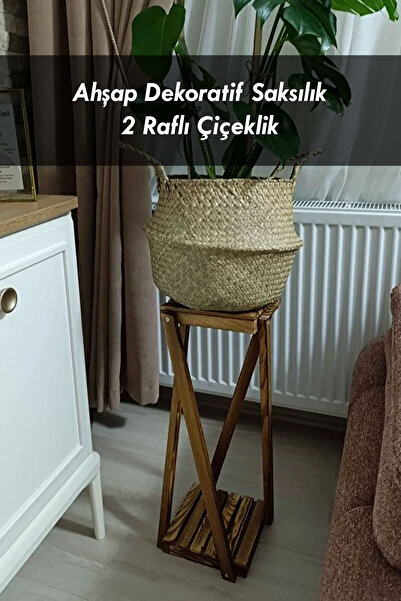Moola Ahşap 2 Katlı Saksı Standı, Dekoratif Çiçeklik ve Bitki Rafı, 2 Raflı S...