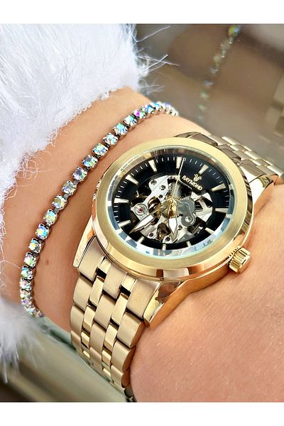 Raymond Silver Color Steel Case Cord Skeleton Business Automatic Women Wristwatch + Bracelet