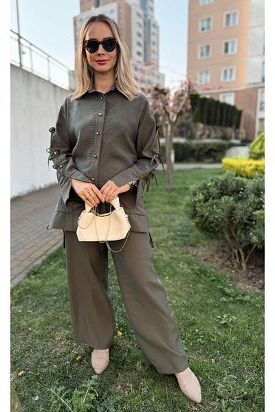 Cardella Modal υφασμάτινα μανίκια Φιόγκος και πέτρα Λεπτομερή διπλό κοστούμι Hijab Συμβατό πουκάμισο και παντελόνι δύο τεμαχίων