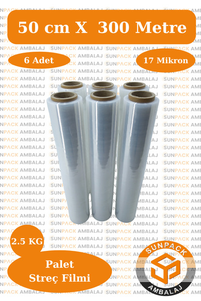 sunpack ambalaj Streç Film 50cm X 300m 6 Adet, Şeffaf, 17 Mikron, 2500 Gr, Da...