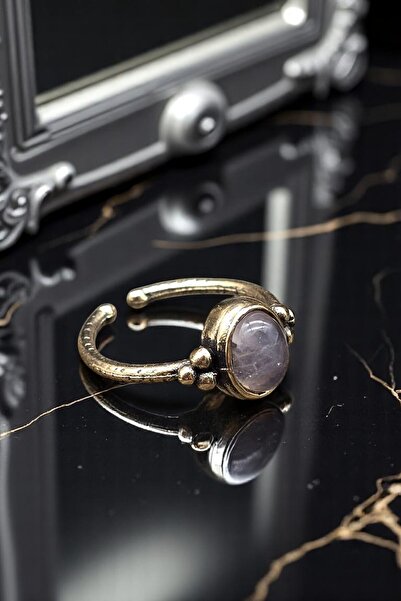 NBS Beautiful Naturel Stones خاتم نسائي من حجر الكوارتز الوردي الحقيقي من النحاس قابل للتعديل (هدية، عيد ميلاد، يومي)