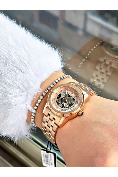 Raymond Silver Color Steel Case Cord Skeleton Business Automatic Women Wristwatch + Bracelet