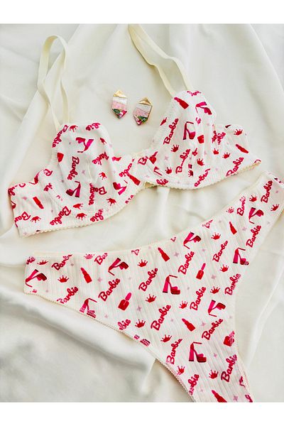 İNKO İÇ GİYİM Patterned Underwire Cotton Combed Bra Set (Bra Thong)