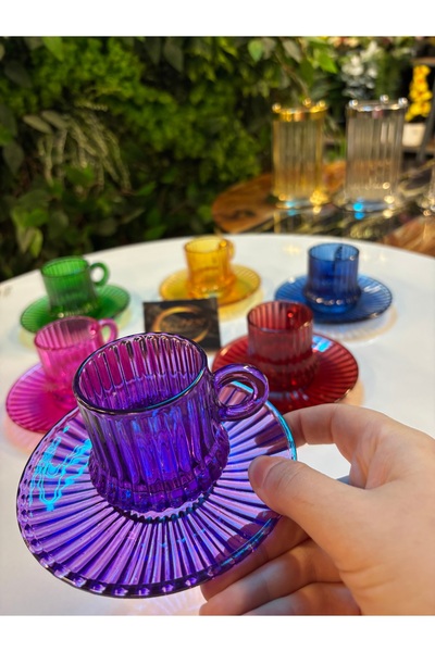 ARS HOME DEKOR Renkli Cam Fincan Takımı, 6 Kişilik 12 Parça, Renkli Çay Seti, Espresso Takımı, 6 Renkli Fincan