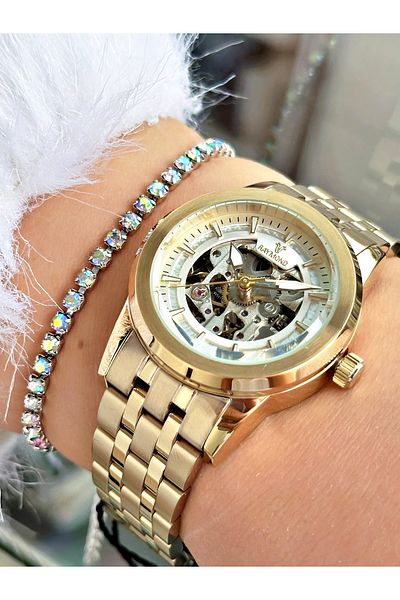 Raymond Silver Color Steel Case Cord Skeleton Business Automatic Women Wristwatch + Bracelet